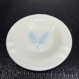 Mid Century Pottery Ceramic 3inch Trinket Dish Ashtray With Blue Wheat Pattern
